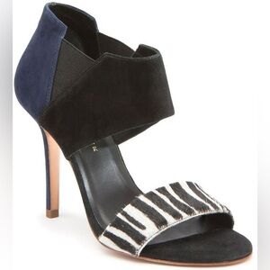 TRINA TURK Los Altos Suede High Heel Sandal Zebra Print Black White Navy Blue 8